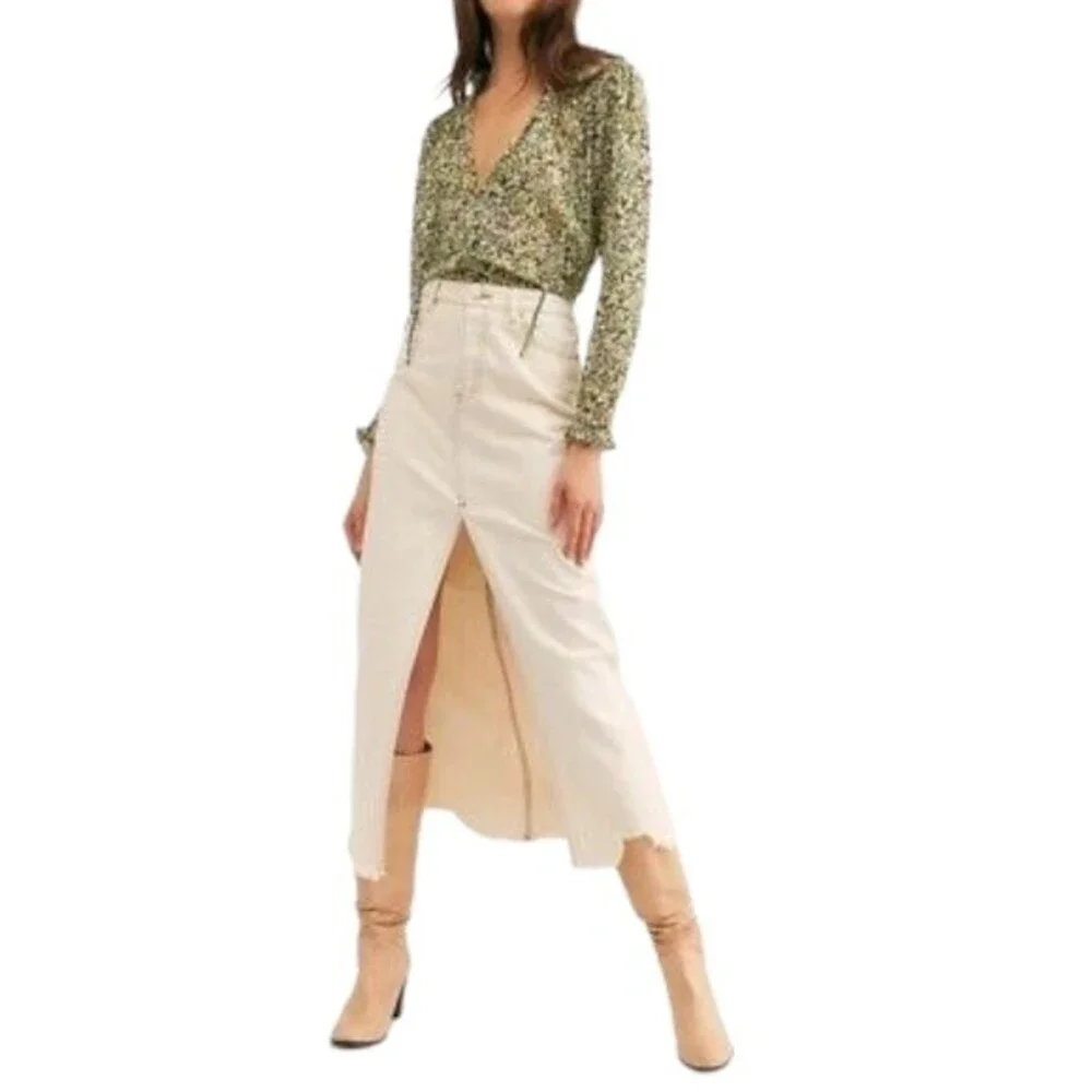 Free People Lela Blouse Floral Black & Green Flowy Boho Tie Neck Top Size Medium